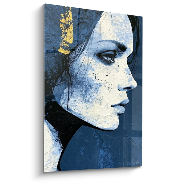 Tableau Profil bleu et blanc aux éclaboussures d'encre - Mèche dorée éclatante - Edition Visage abstrait