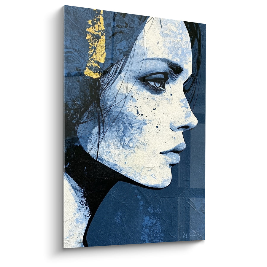 Tableau Profil bleu et blanc aux éclaboussures d'encre - Mèche dorée éclatante - Edition Visage abstrait