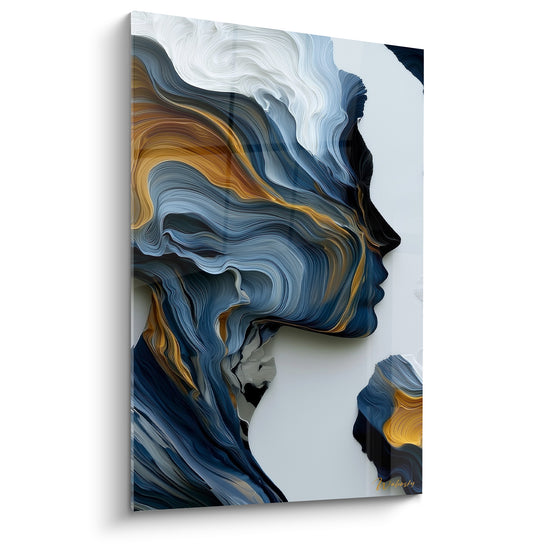 Tableau Profil bleu et doré aux mèches marbrées - Vagues sculptées fluides - Edition Visage abstrait