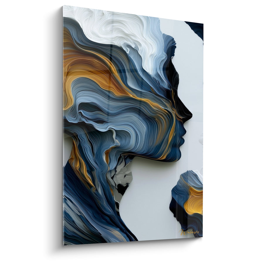 Tableau Profil bleu et doré aux mèches marbrées - Vagues sculptées fluides - Edition Visage abstrait