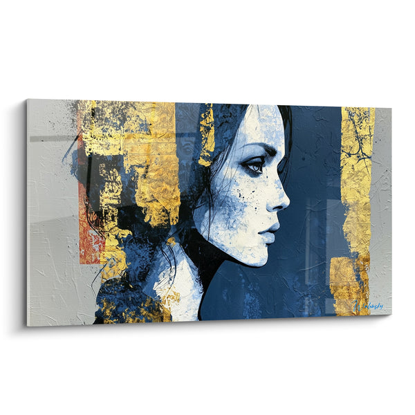 Tableau Profil bleu et doré aux bandes verticales - Éclaboussures d'encre noire - Edition Visage abstrait
