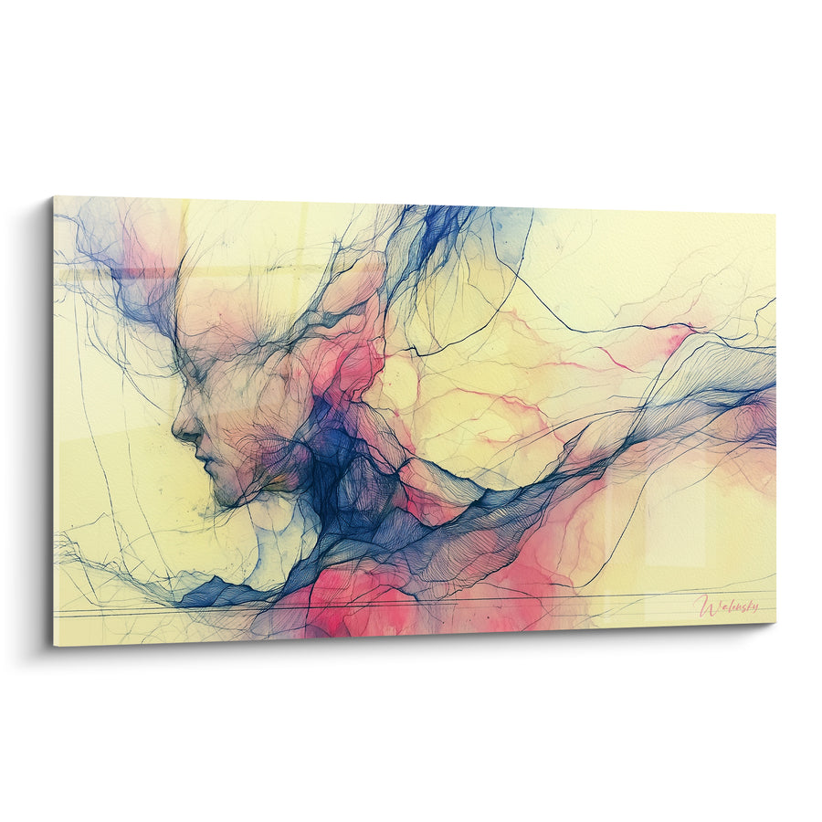 Tableau Profil féminin jaune pâle et rose aux filaments d'encre - Réseau de veines fines - Edition Visage abstrait