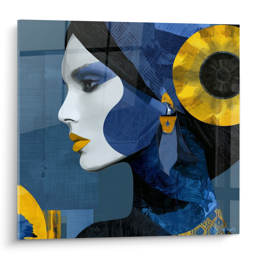Tableau Portrait profil bleu et jaune tournesol - Contemplation drapée - Edition Visage abstrait
