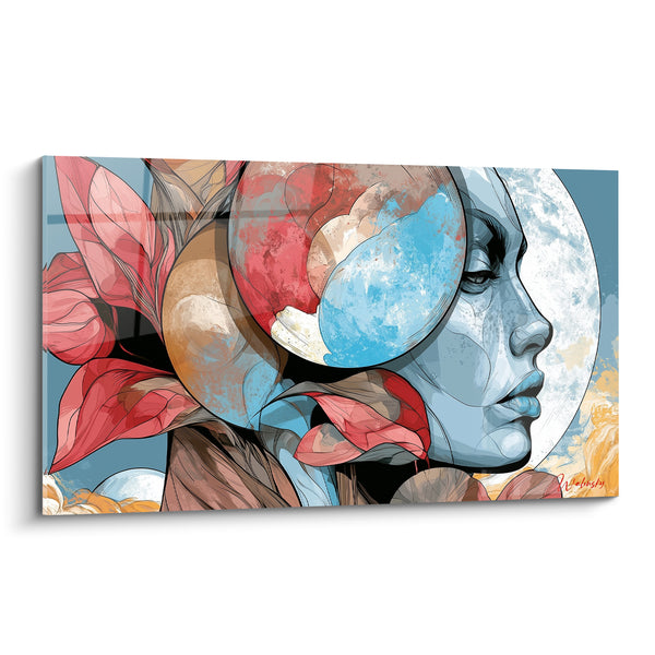 Tableau Profil féminin bleu et rose aux pétales - Songe floral - Edition Visage abstrait