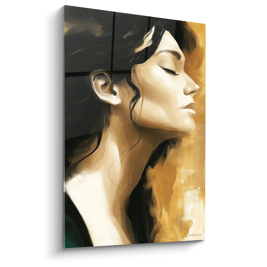 Tableau Portrait profil noir et ambre au cou dénudé - Chevelure au vent - Edition Visage abstrait