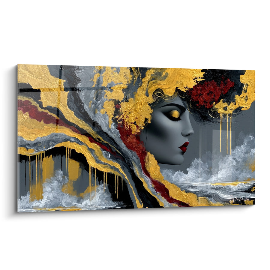 Tableau Profil de femme aux mèches dorées et anthracite - Souveraine des marées - Edition Visage abstrait