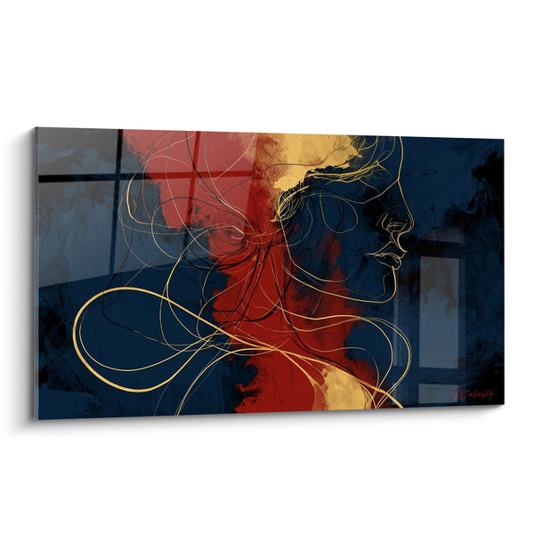 Tableau Profil doré aux mèches bleu marine et rouge - Fil de la pensée - Edition Visage abstrait
