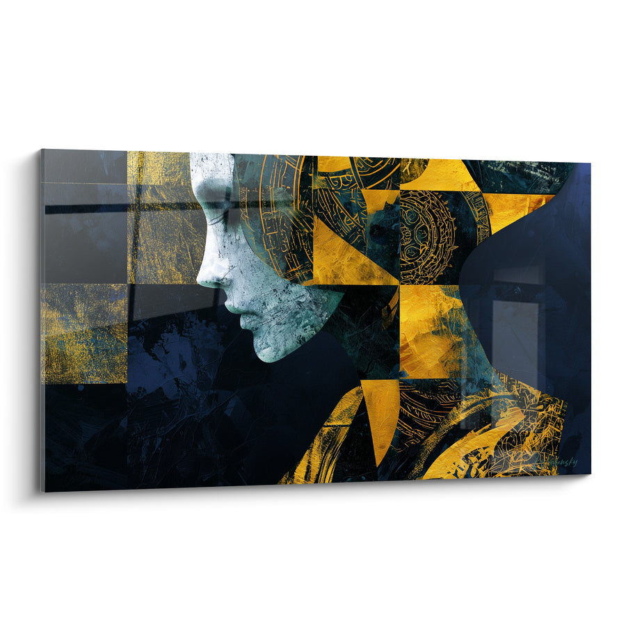 Tableau Profil bleu marine et doré aux médaillons gravés - Damier ornemental géométrique - Edition Visage abstrait
