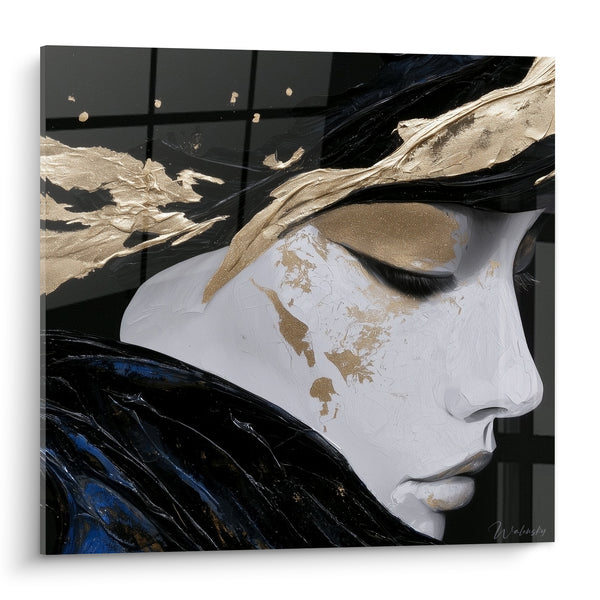 Tableau Visage profil doré aux mèches noires - Silence intérieur - Edition Visage abstrait