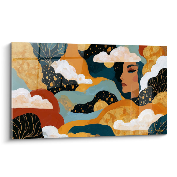 Tableau Visage doré aux nuages ocre et bleu - Songe doré - Edition Visage abstrait