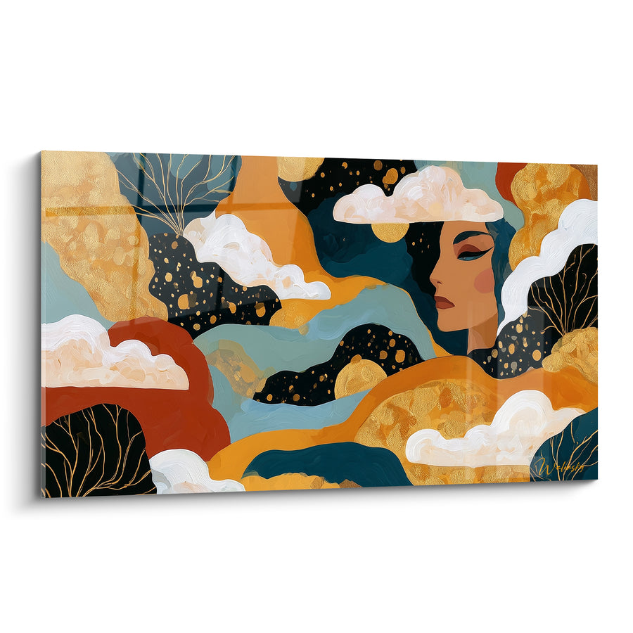 Tableau Visage doré aux nuages ocre et bleu - Songe doré - Edition Visage abstrait