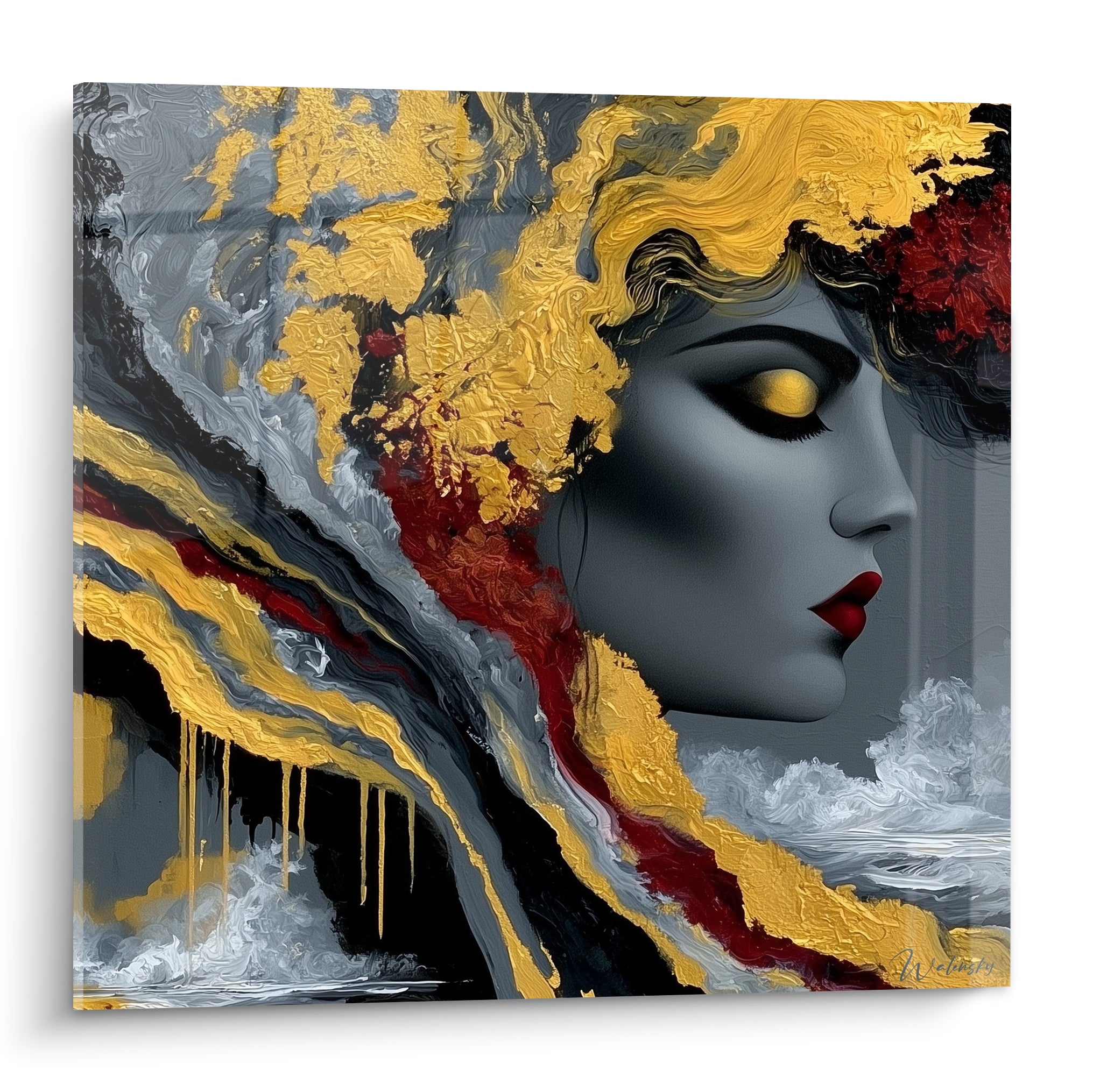 Visage abstrait au profil gris anthracite, mèches dorées et coulures rouge bordeaux texturées