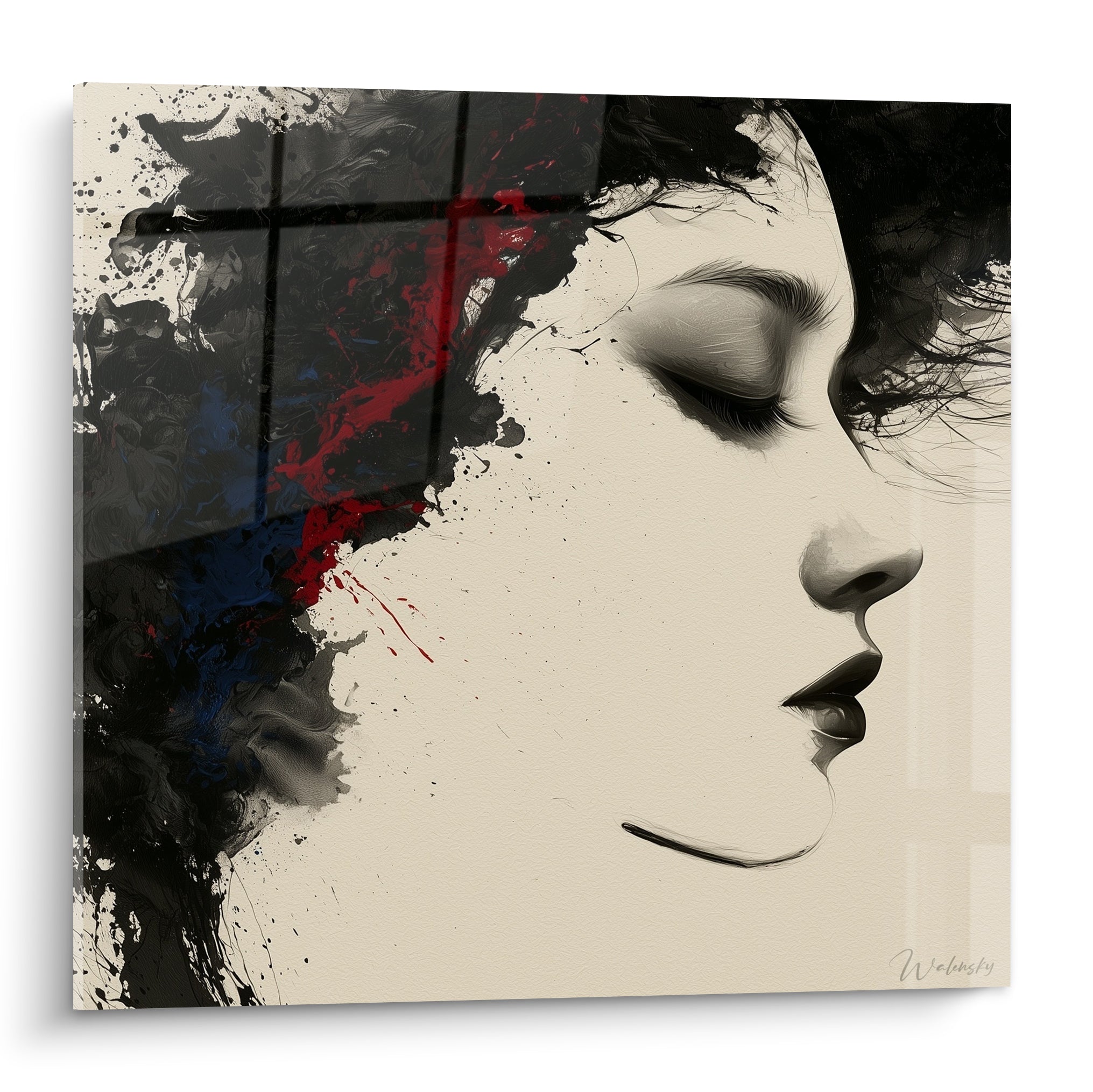 Visage abstrait de profil aux yeux clos entouré d'éclaboussures noires et rouge sang