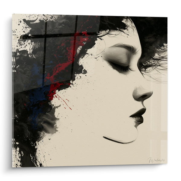 Tableau Visage de profil aux éclaboussures noires et rouges - Pensée intérieure - Edition Visage abstrait
