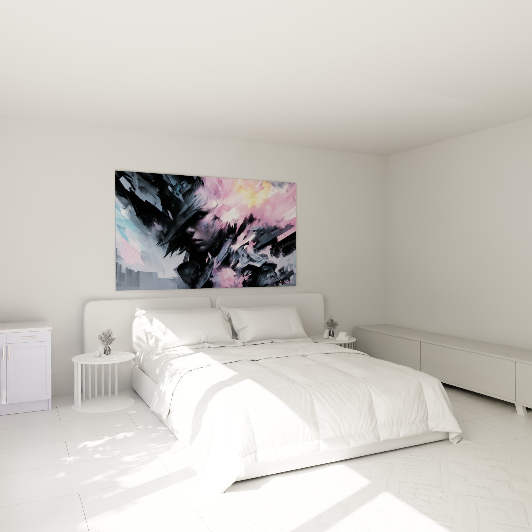 Visage abstrait aux éclats roses et gris anthracite, au-dessus d'un lit dans une chambre claire