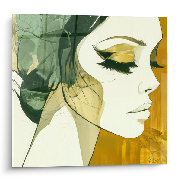 Tableau Profil féminin vert émeraude et ocre - Rêverie silencieuse - Edition Visage abstrait