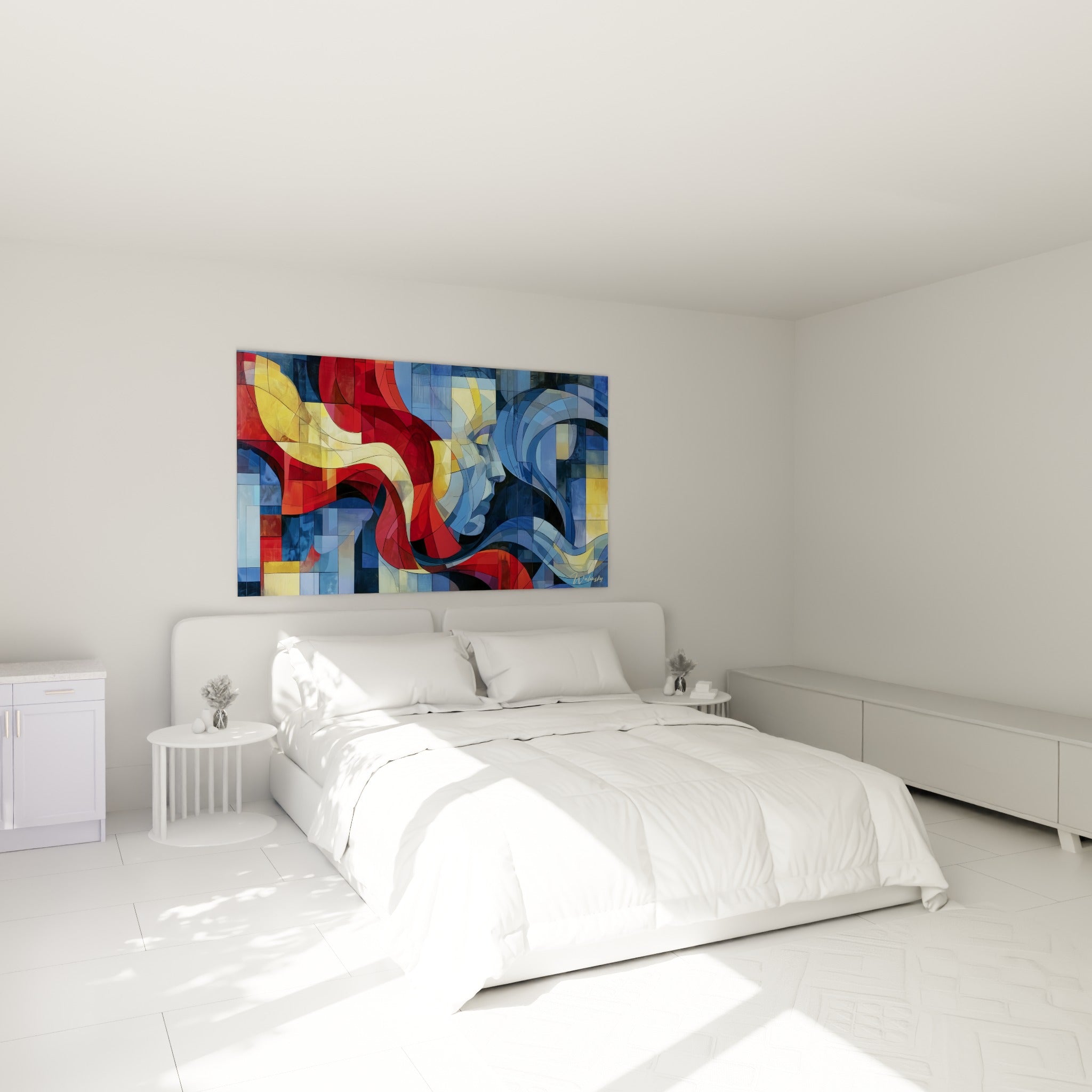 Profil fragmenté aux teintes bleu marine et rouge accroché au-dessus d'un lit dans une chambre claire