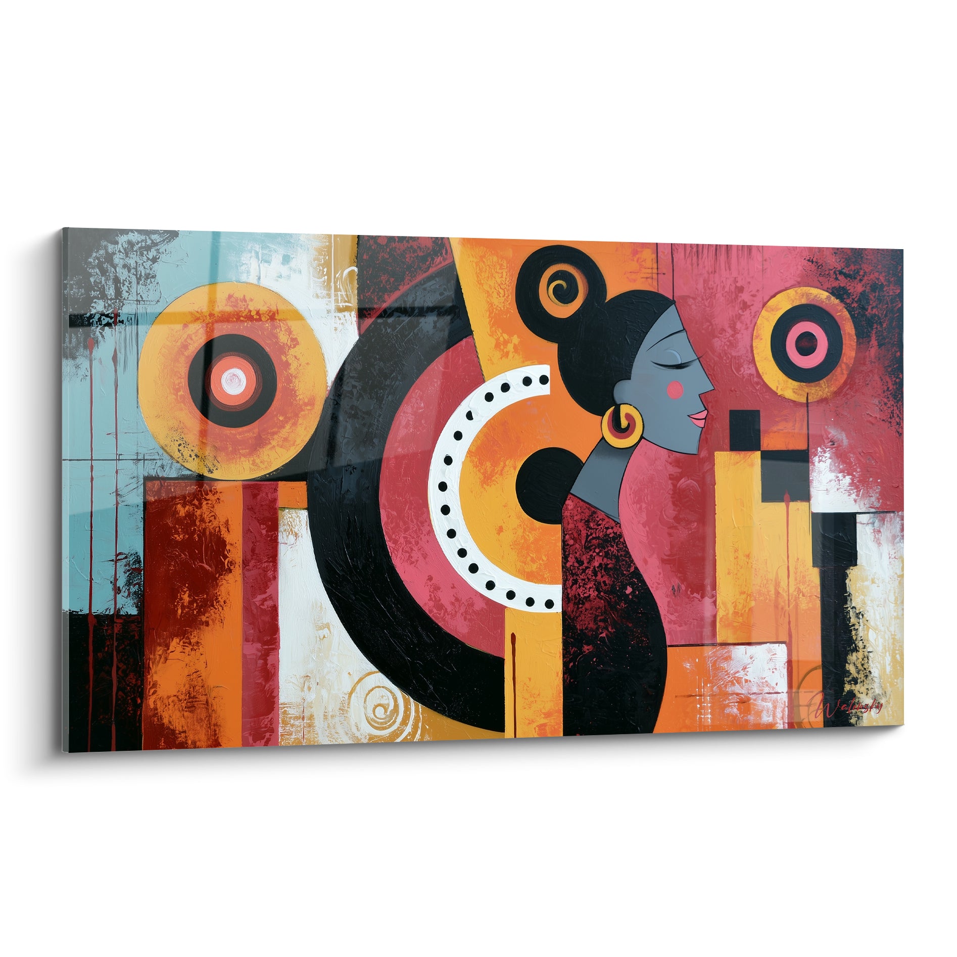 Visage abstrait au profil gris orné de spirales orange, cercles rouge carmin et jaune moutarde
