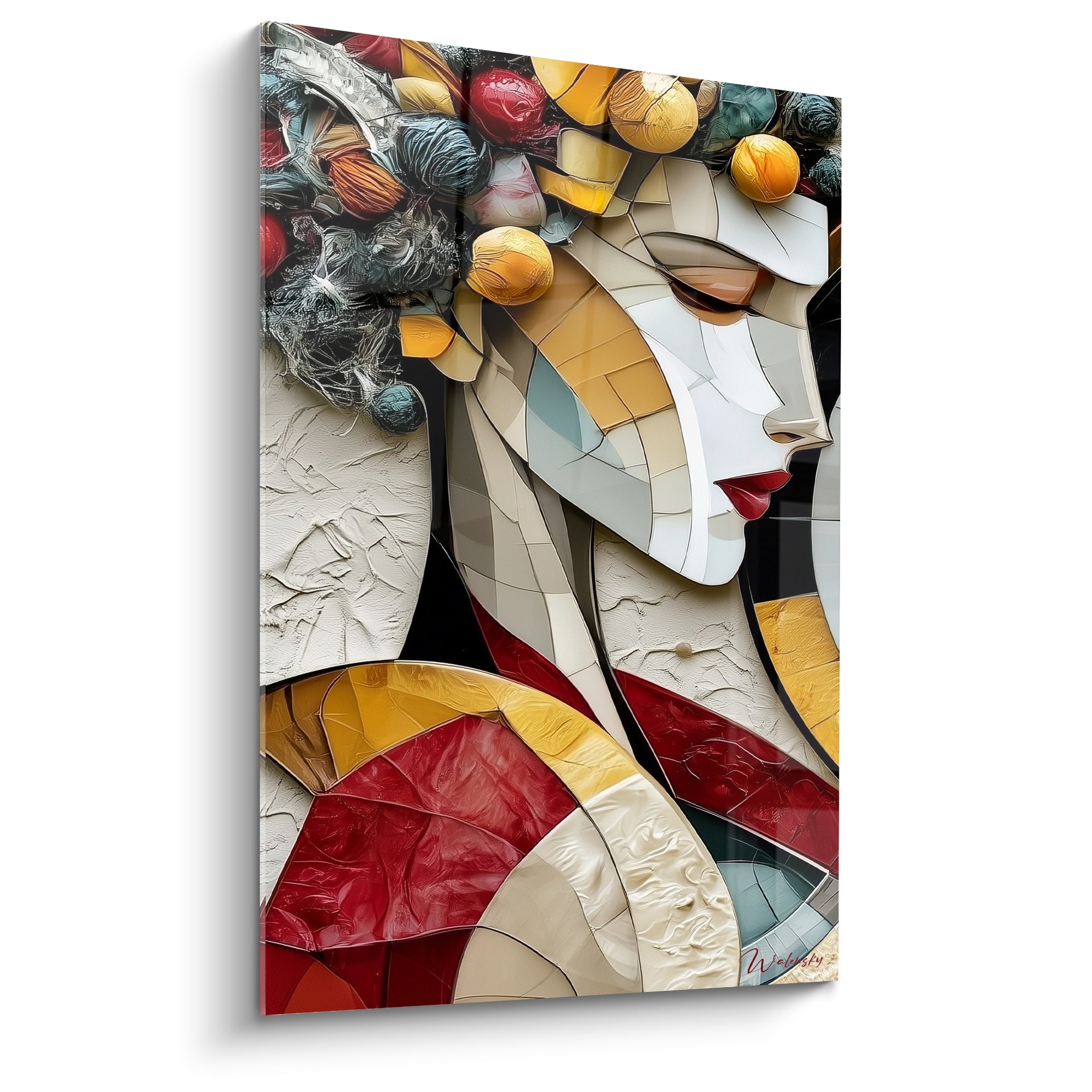 Visage abstrait au profil ivoire et bordeaux, chevelure anthracite et dorée en mosaïque texturée