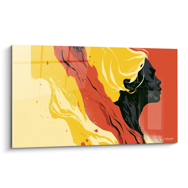 Tableau Profil noir aux flammes rouge et jaune - Chevelure incandescente - Edition Visage abstrait