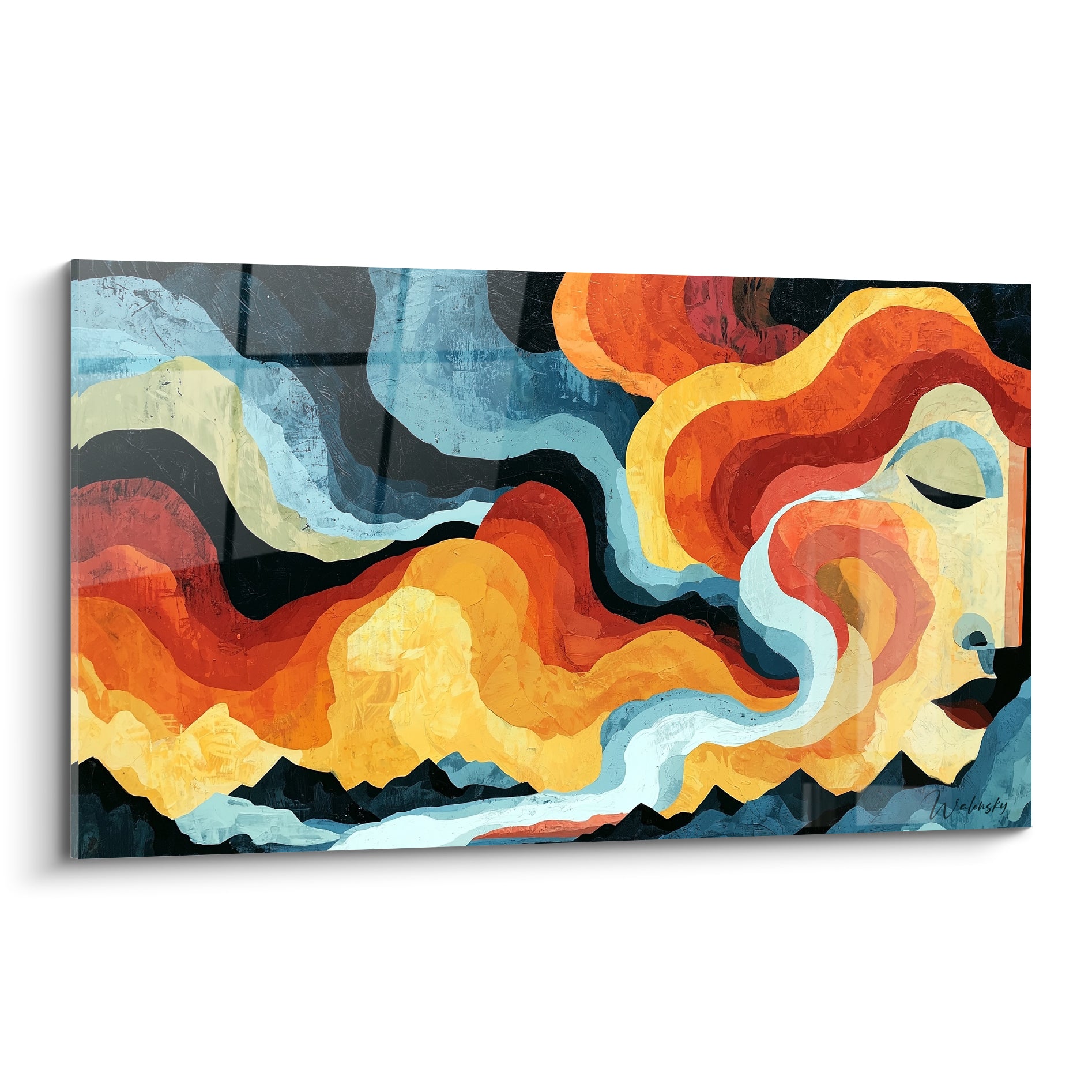 Visage abstrait au profil ivoire, volutes ocre et terracotta sur fond bleu marine intense