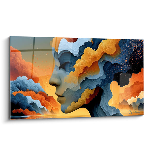 Tableau Profil bleu et orange aux nuages sculptés - Vagues de falaises lointaines - Edition Visage abstrait