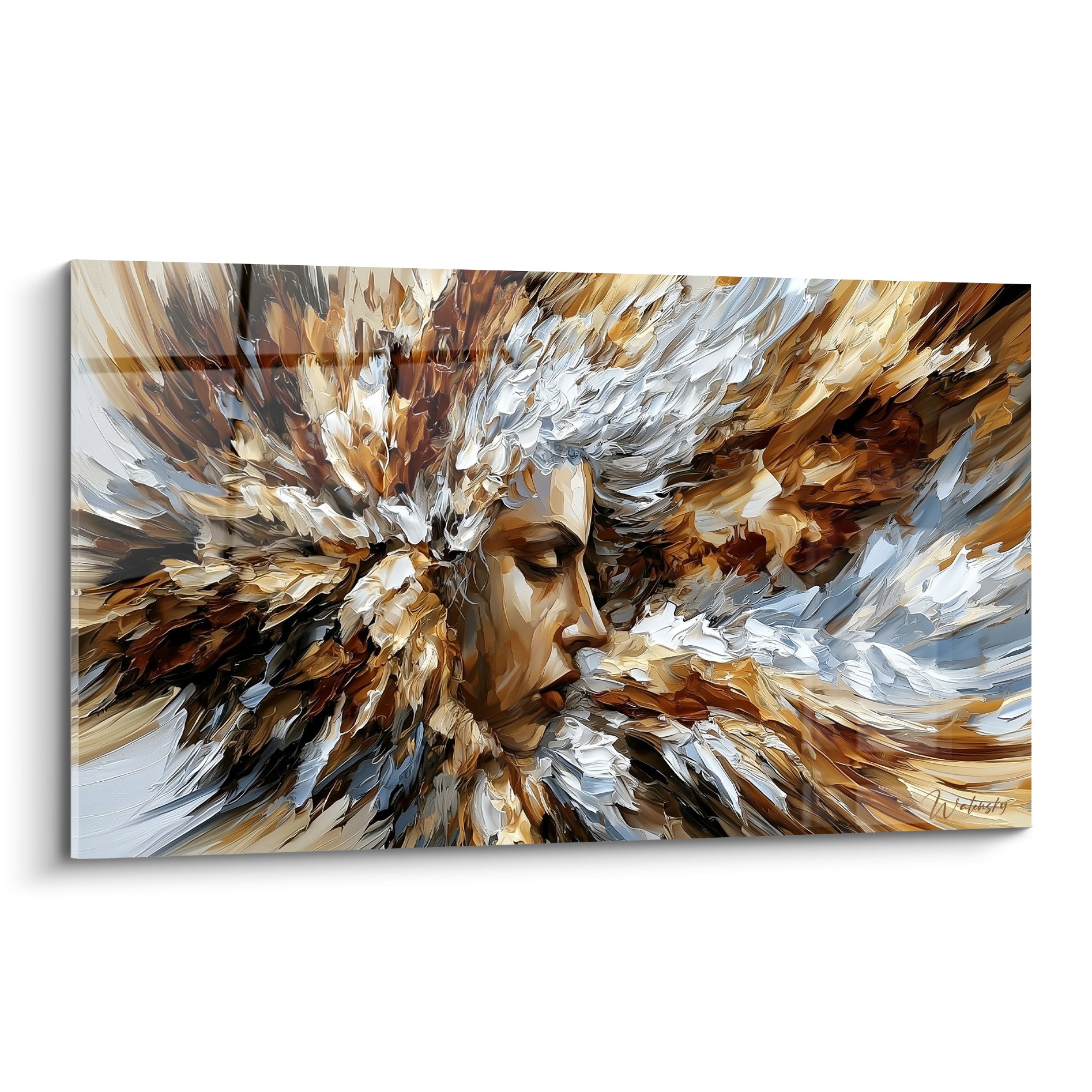 Visage abstrait au profil ocre et blanc, matière éclatée en larges empâtements bruns