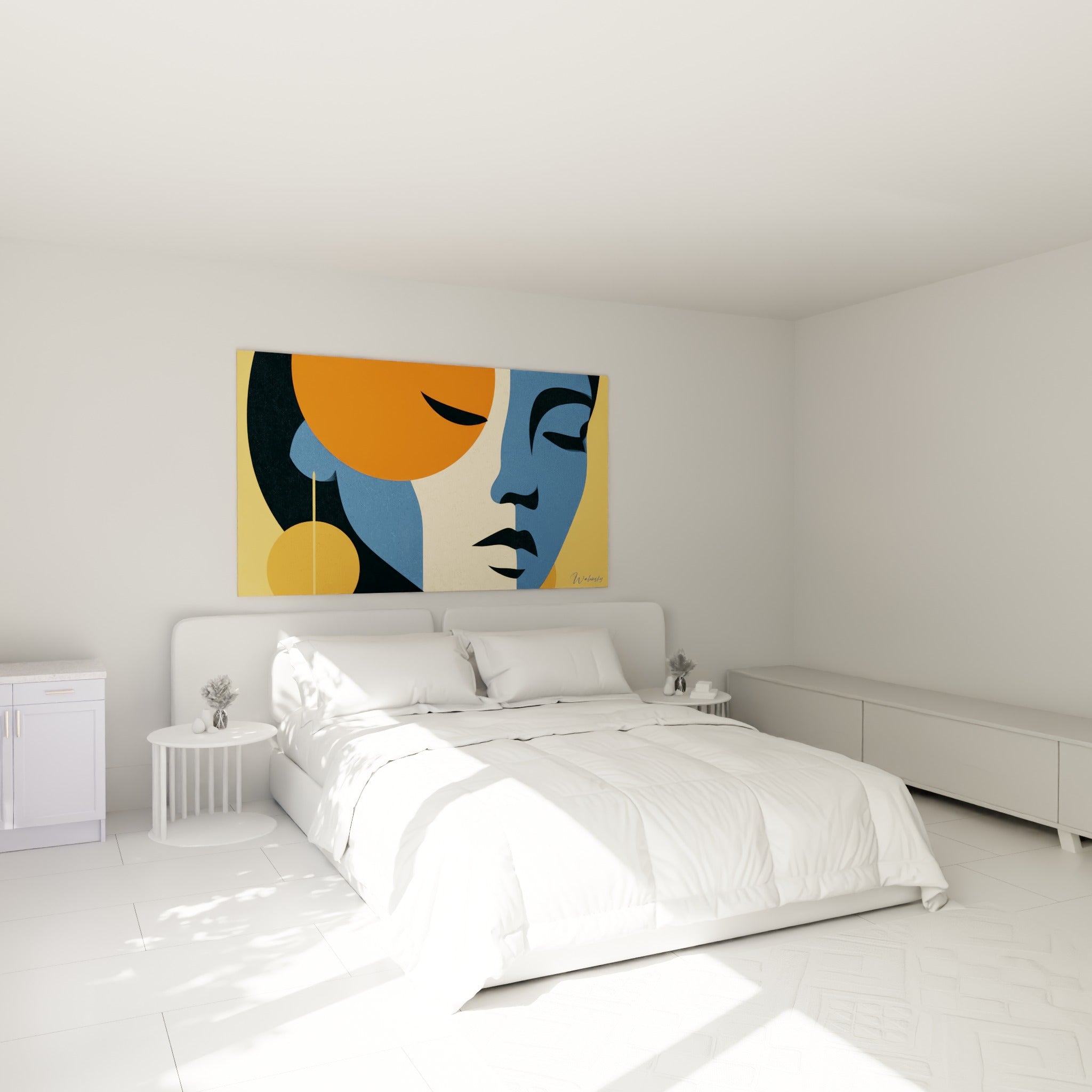 Profil stylisé bleu et orange du Visage abstrait au-dessus d'un lit dans une chambre claire