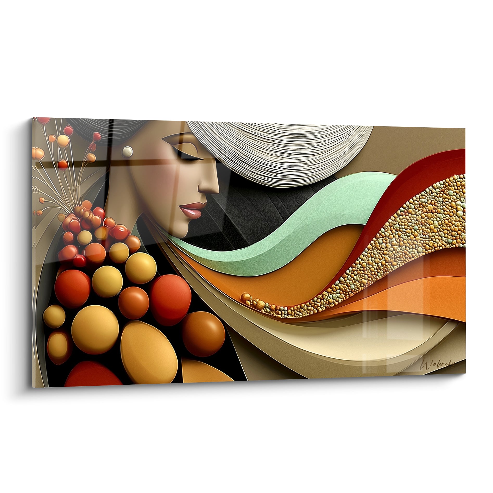 Visage abstrait au profil serein, sphères ocre et terracotta, vagues vert sauge sur fond anthracite