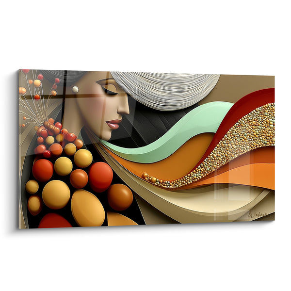 Tableau Sphères orange et rouge aux vagues sableuses - Chevelure de rubans blancs - Edition Visage abstrait