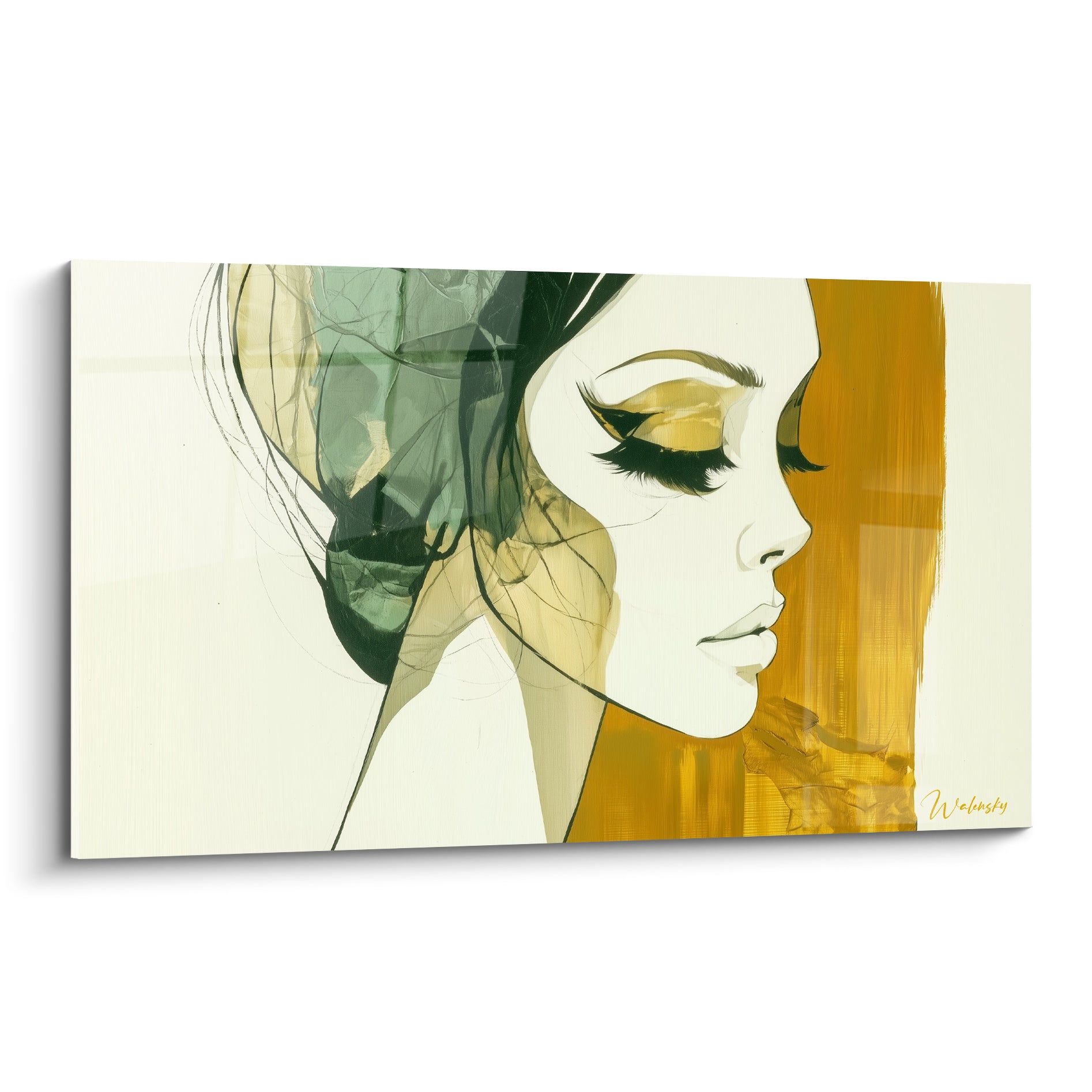 Visage abstrait de profil aux paupières closes, chevelure vert sauge et fond ocre sur toile.