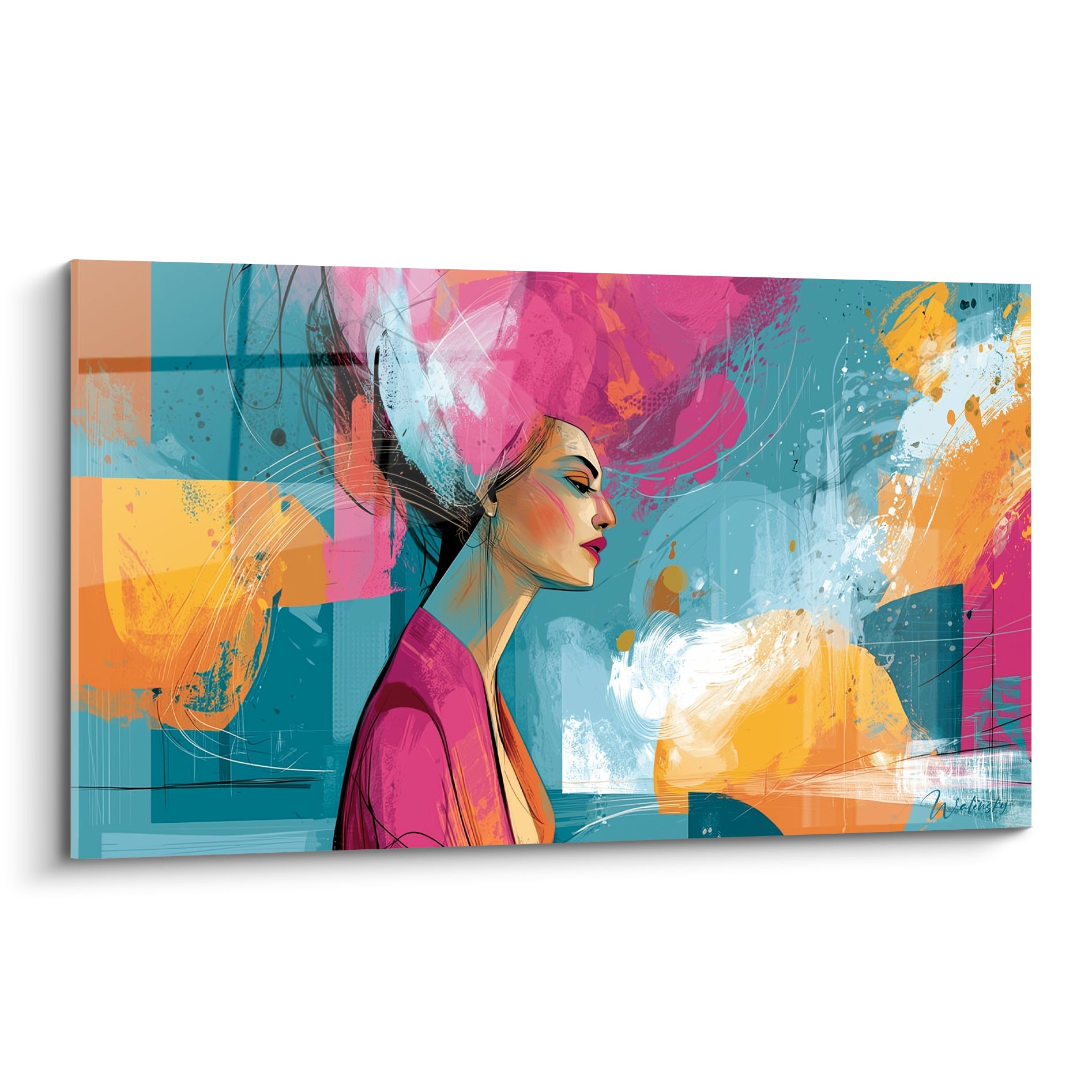 Visage abstrait de profil aux tons rose fuchsia et bleu sarcelle, traits fins sur fond géométrique doré.