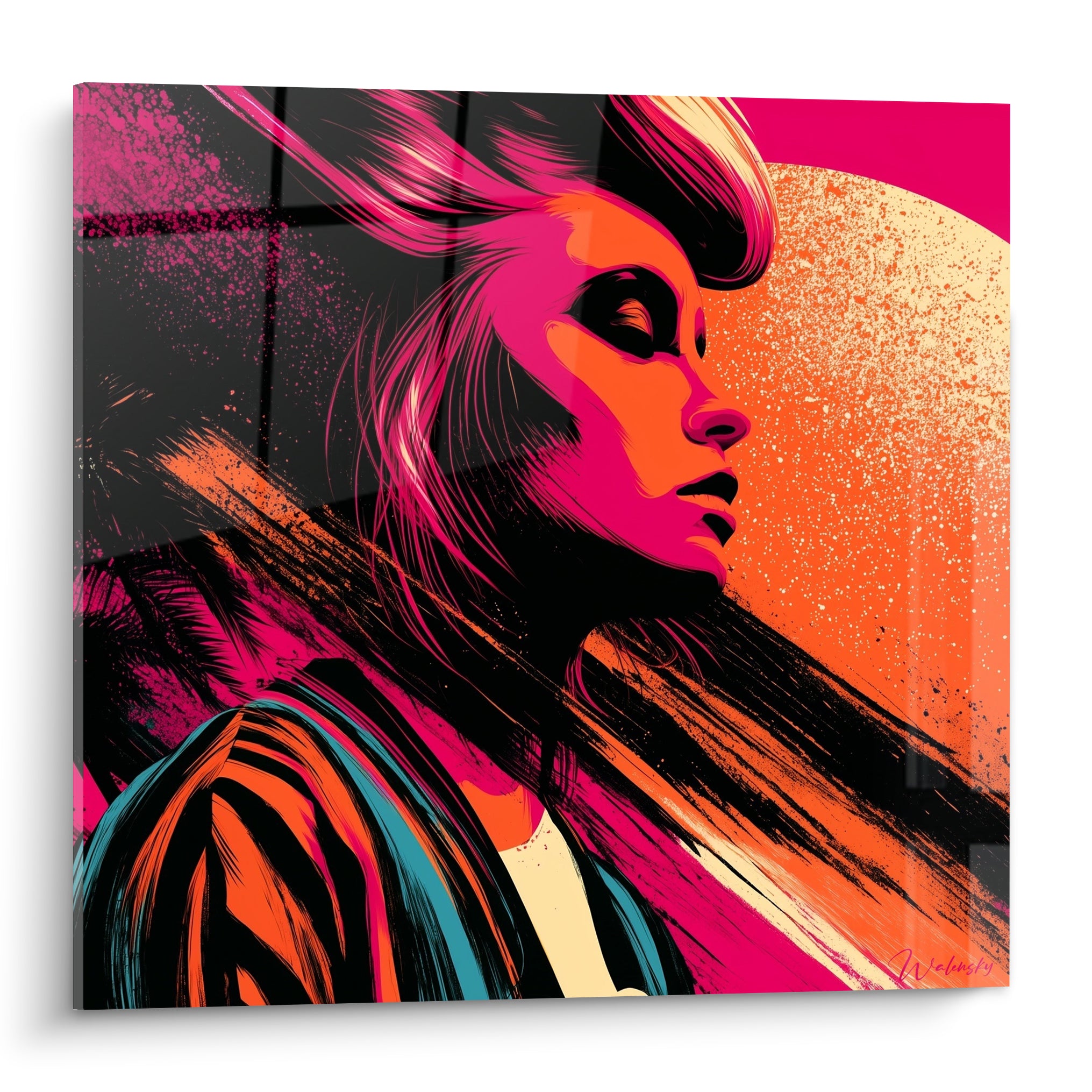 Visage abstrait de profil aux teintes rose fuchsia et orange, lune texturée en arrière-plan