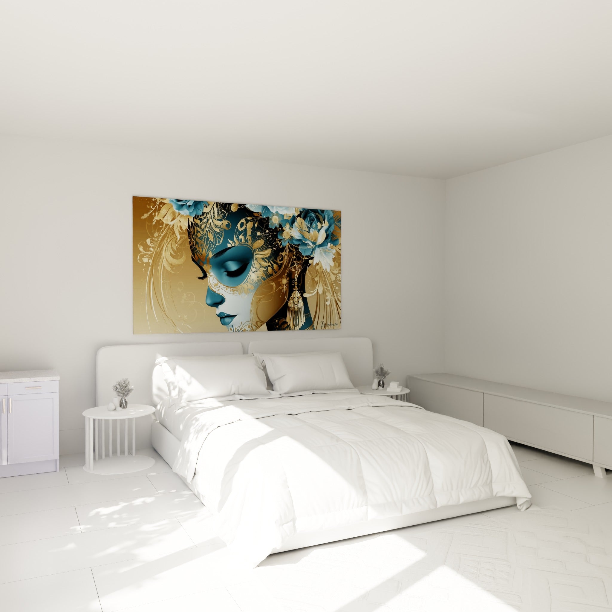 Femme aux motifs dorés et bleu marine, coiffe florale, au-dessus d'un lit dans une chambre claire