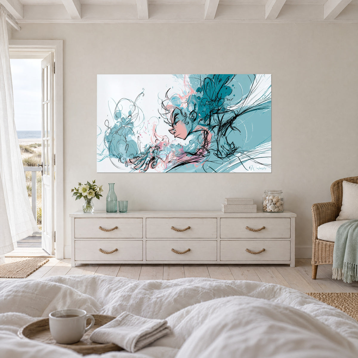 Tableau figure stylisée aux courbes turquoise et rosées, traits d'encre noire, au-dessus d'un lit dans une chambre claire
