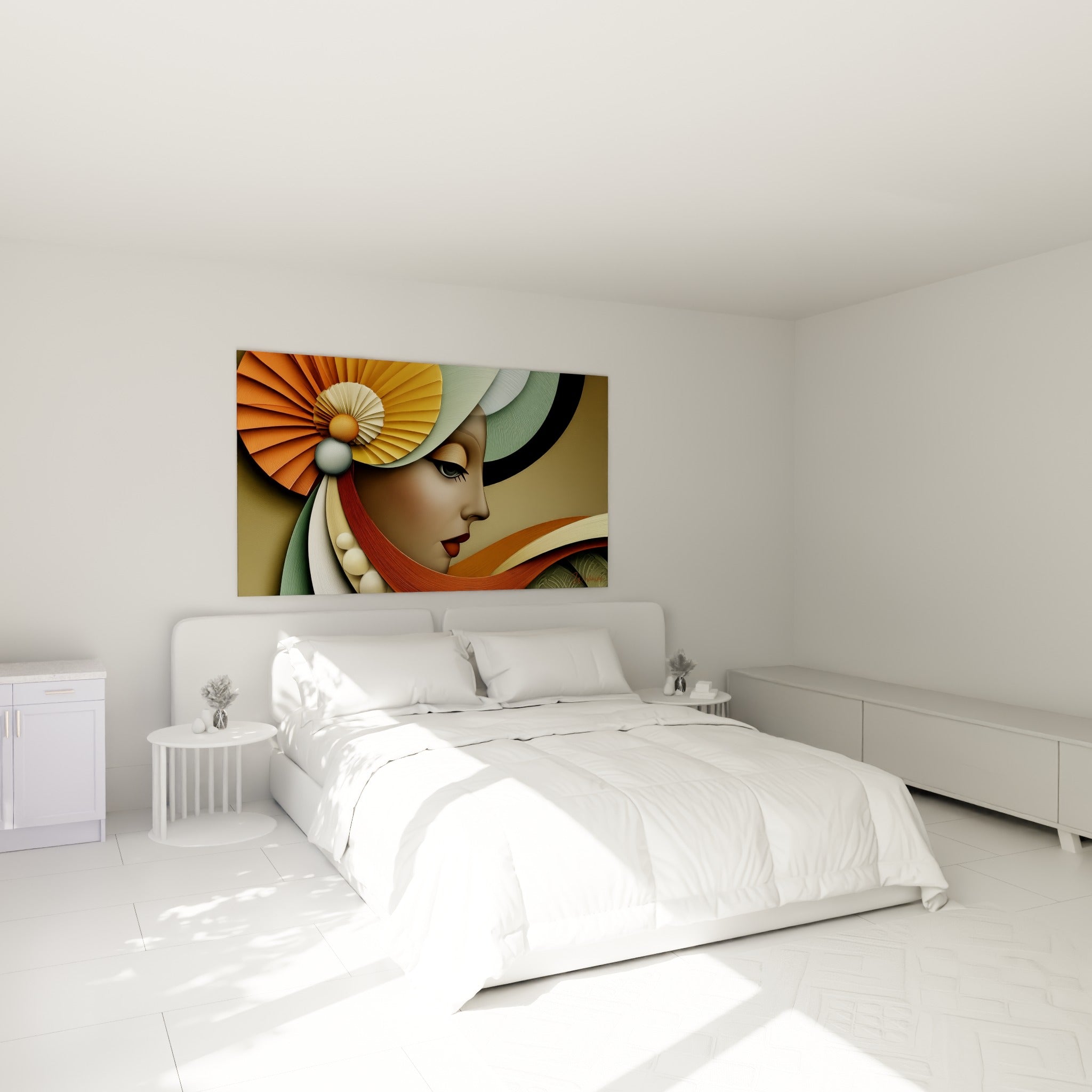 Profil du visage abstrait terracotta et ocre au-dessus d'un lit dans une chambre claire