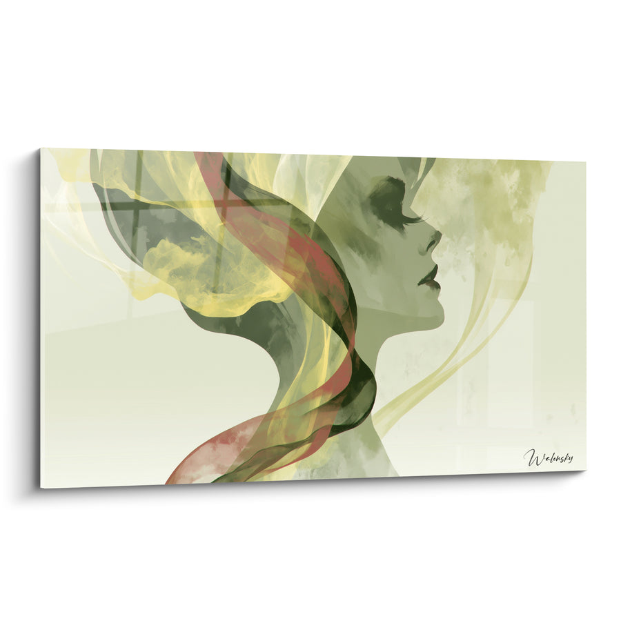 Tableau Profil féminin aux volutes vertes et dorées - Rêverie flottante - Edition Visage abstrait