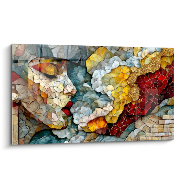 Tableau Profil mosaïque rouge et dorée aux nuées cotonneuses - Fragments de brique claire - Edition Visage abstrait