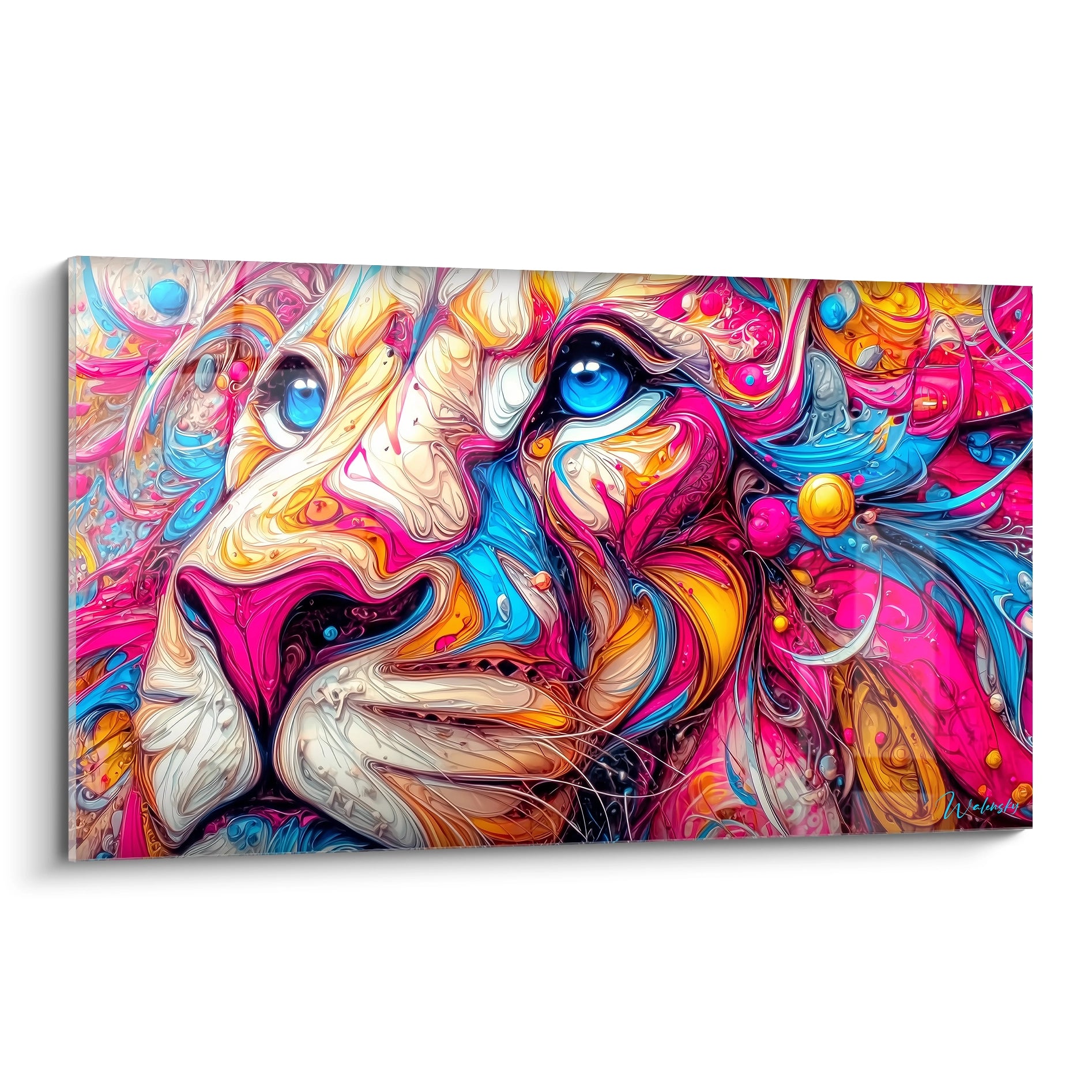 Tableau mural visage abstrait psychédélique aux couleurs vives fusionnées rose bleu orange