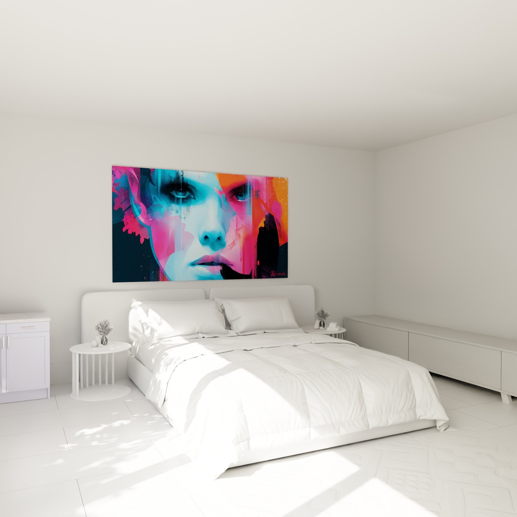 Portrait fragmenté bleu cyan et orange fauve du visage abstrait, accroché au-dessus d'un lit dans une chambre claire