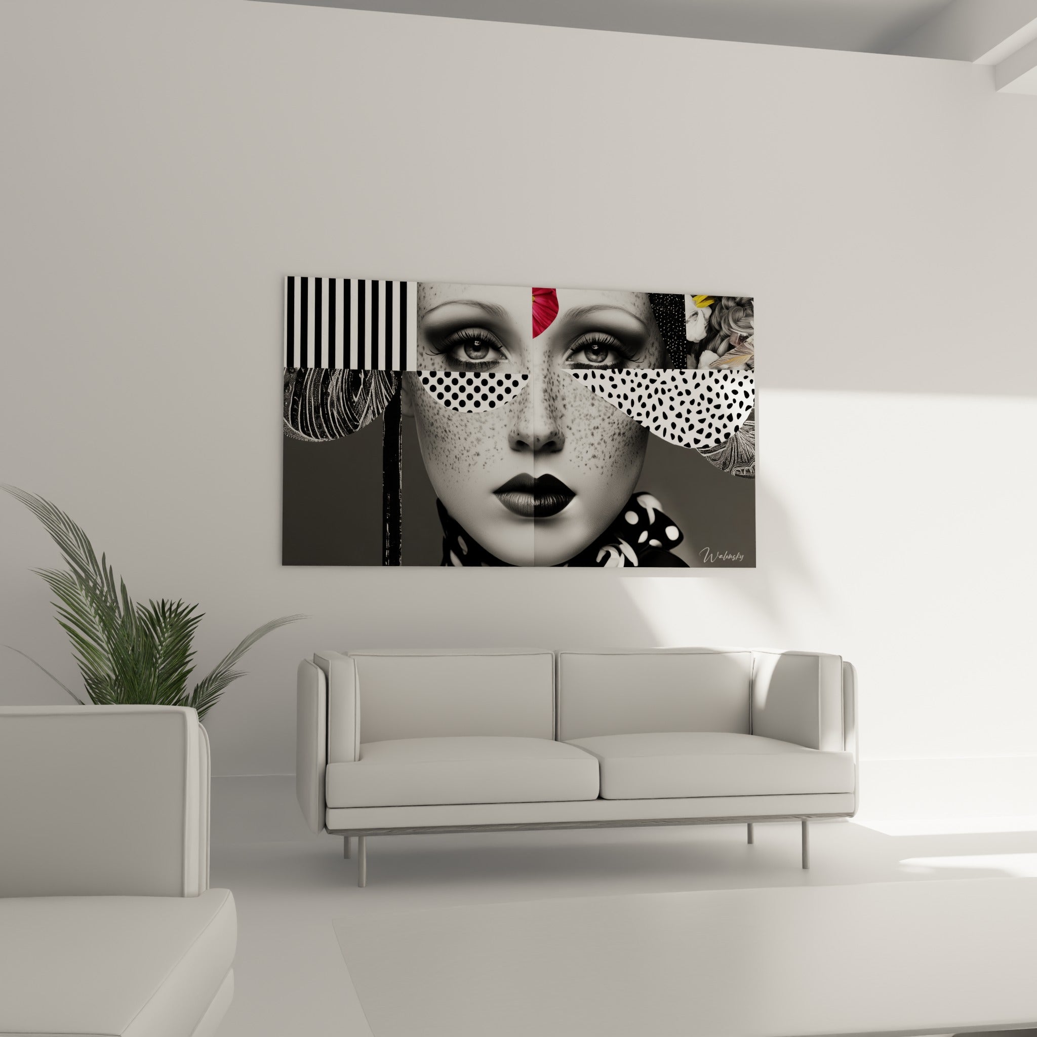 Regard intense en noir et blanc rehaussé de rouge et de motifs anthracite, au-dessus d'un canapé dans un salon lumineux
