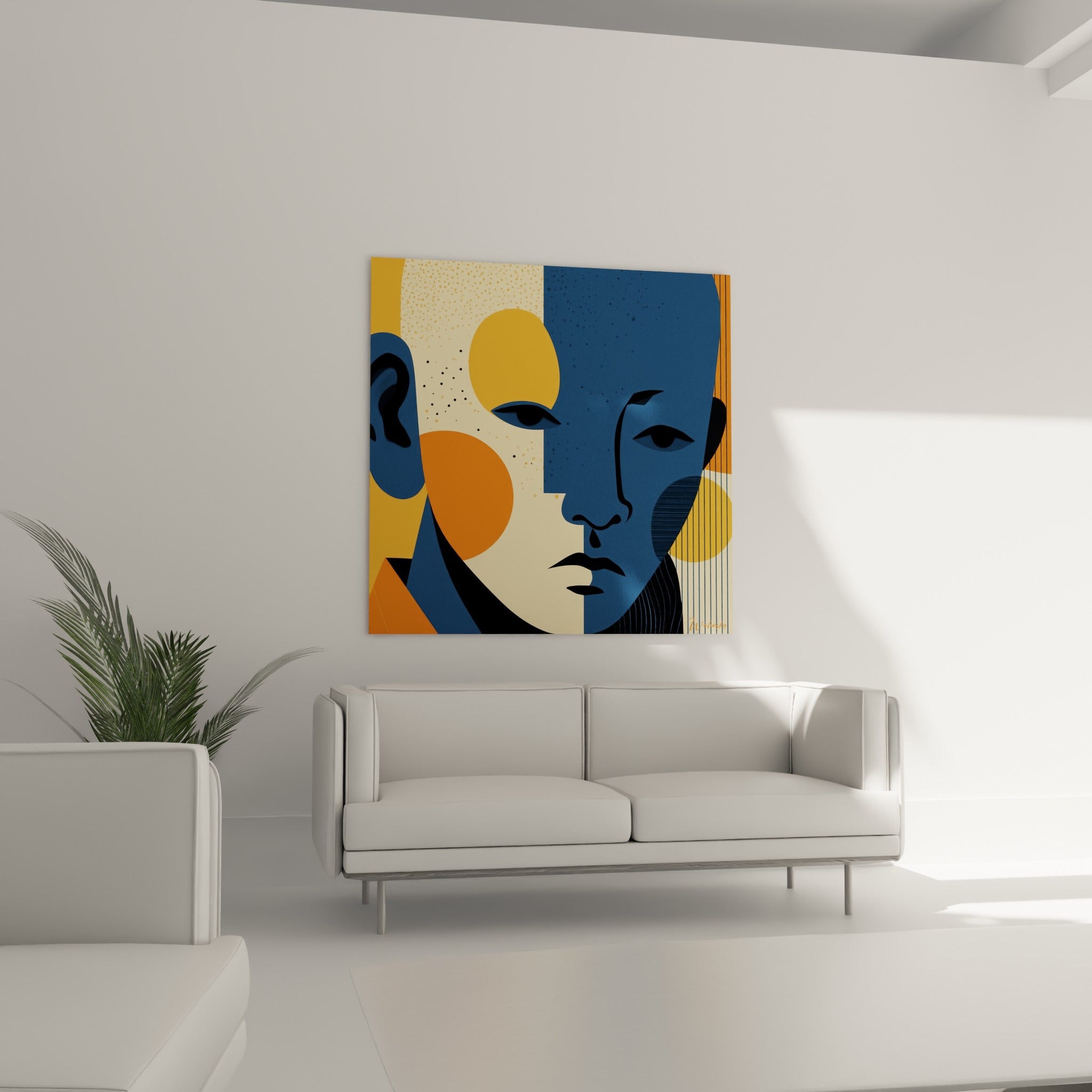 Composition ocre et bleu marine, visage abstrait au-dessus d'un canapé dans un salon lumineux