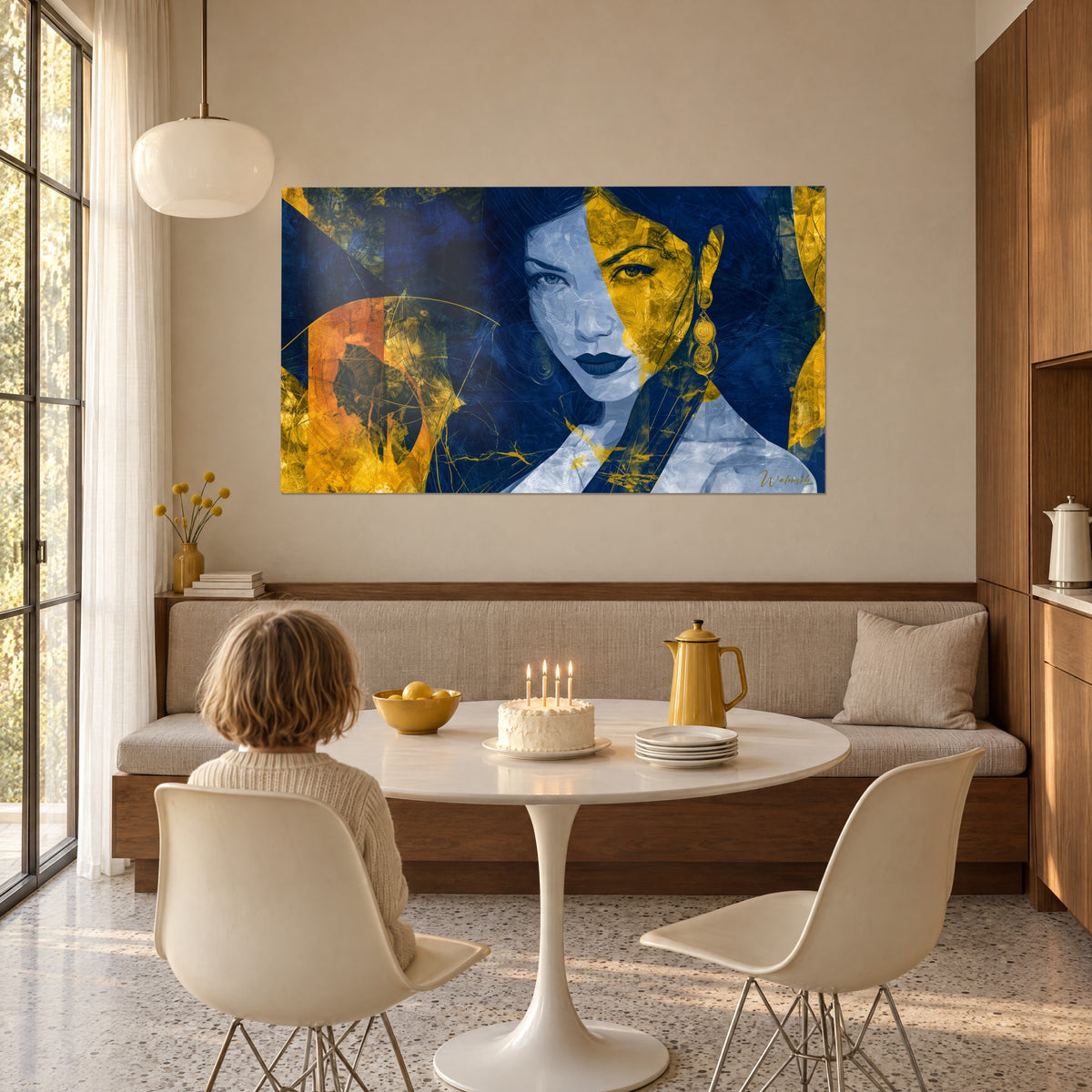 Schilderij geometrische muze in koningsblauw en goud, bleke wang, gouden oorbellen, kind van achteren, verjaardagskaarsjes, eetkamer