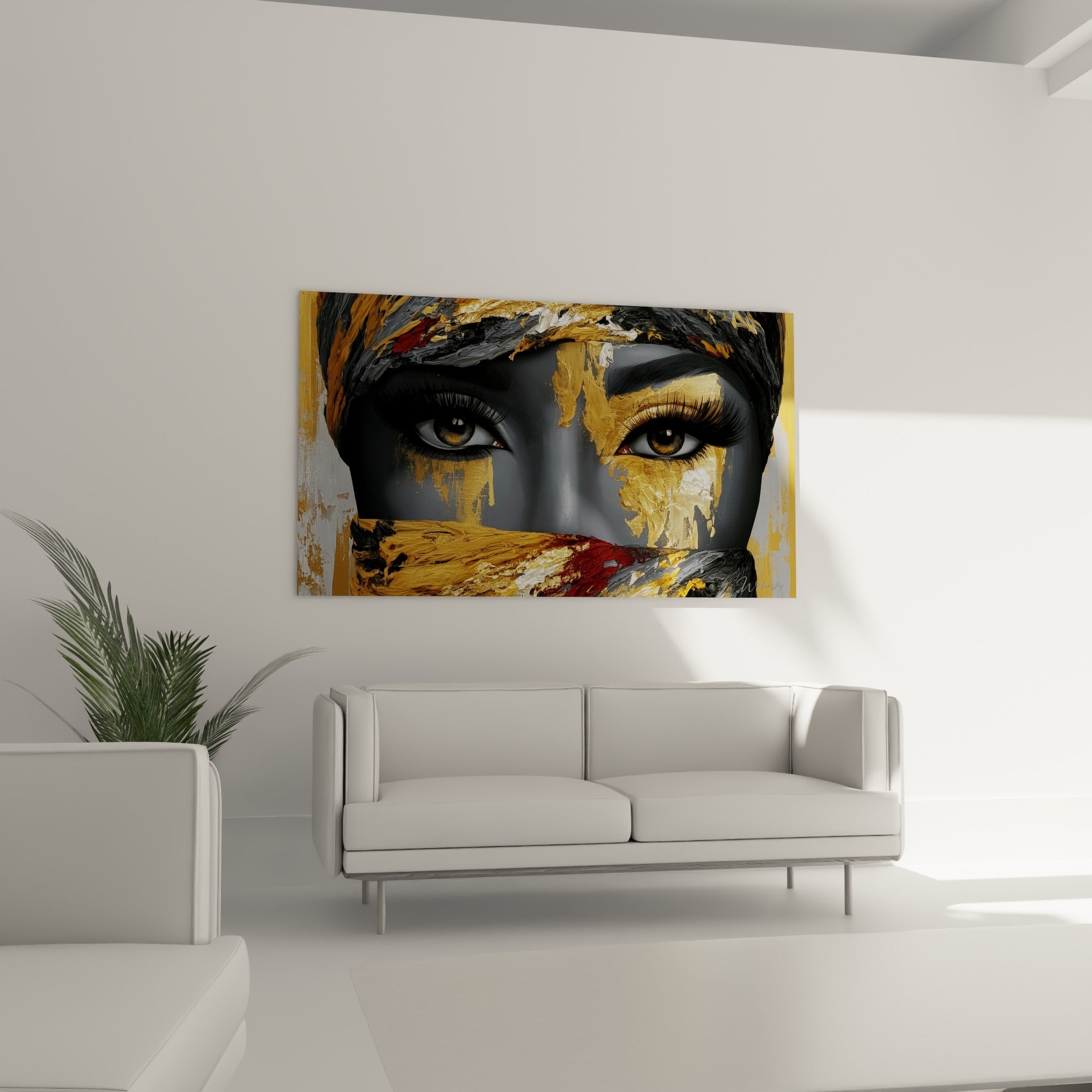 Yeux perçants d'un visage abstrait anthracite et or suspendus au-dessus d'un canapé dans un salon lumineux