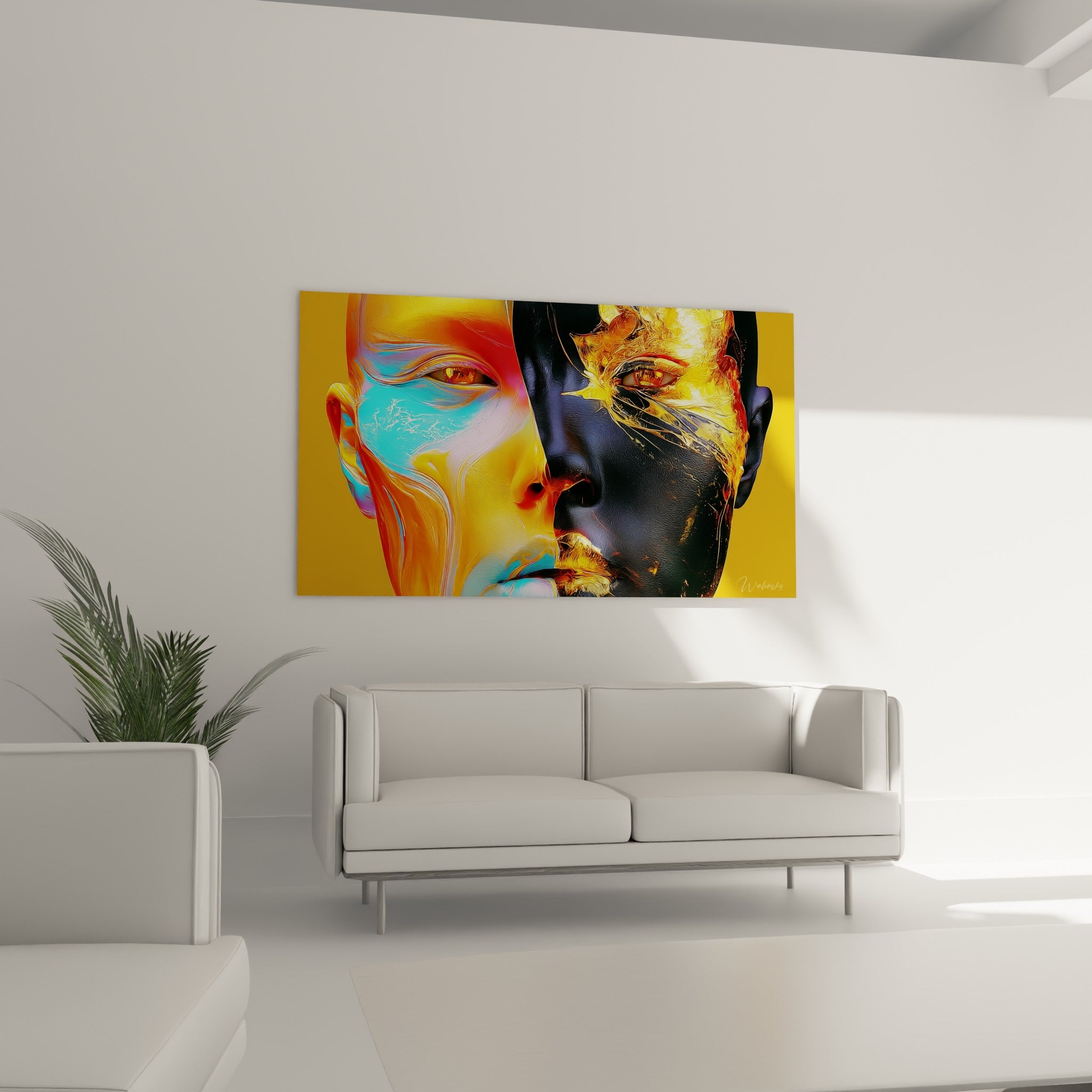 Regard perçant ambré sur un visage divisé jaune et noir doré, au-dessus d'un canapé dans un salon lumineux