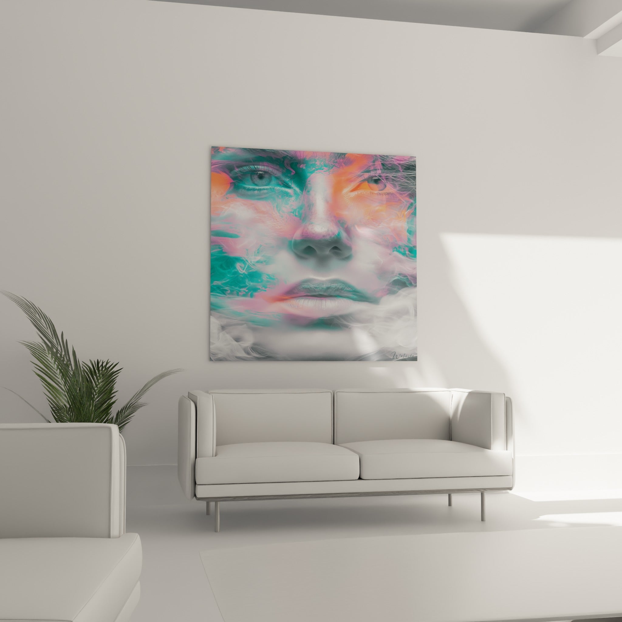 Regard intense émergeant d'une brume corail et anthracite, au-dessus d'un canapé dans un salon lumineux