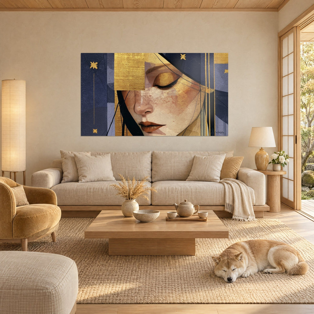 Cuadro rostro de mujer con párpados cerrados, pan de oro y azul noche, Shiba dormido, sobre un sofá en un salón luminoso