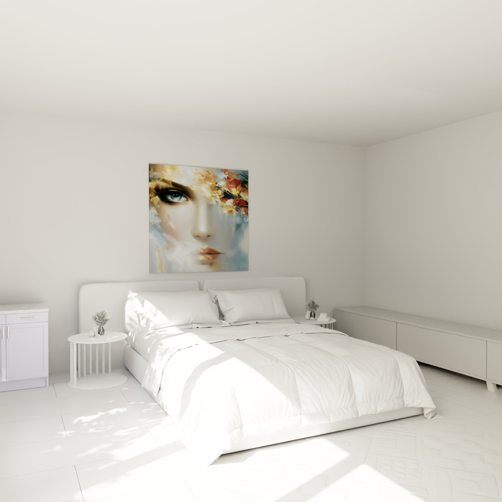Portrait au regard bleu et fleurs ocre couronnant le front, au-dessus d'un lit dans une chambre claire