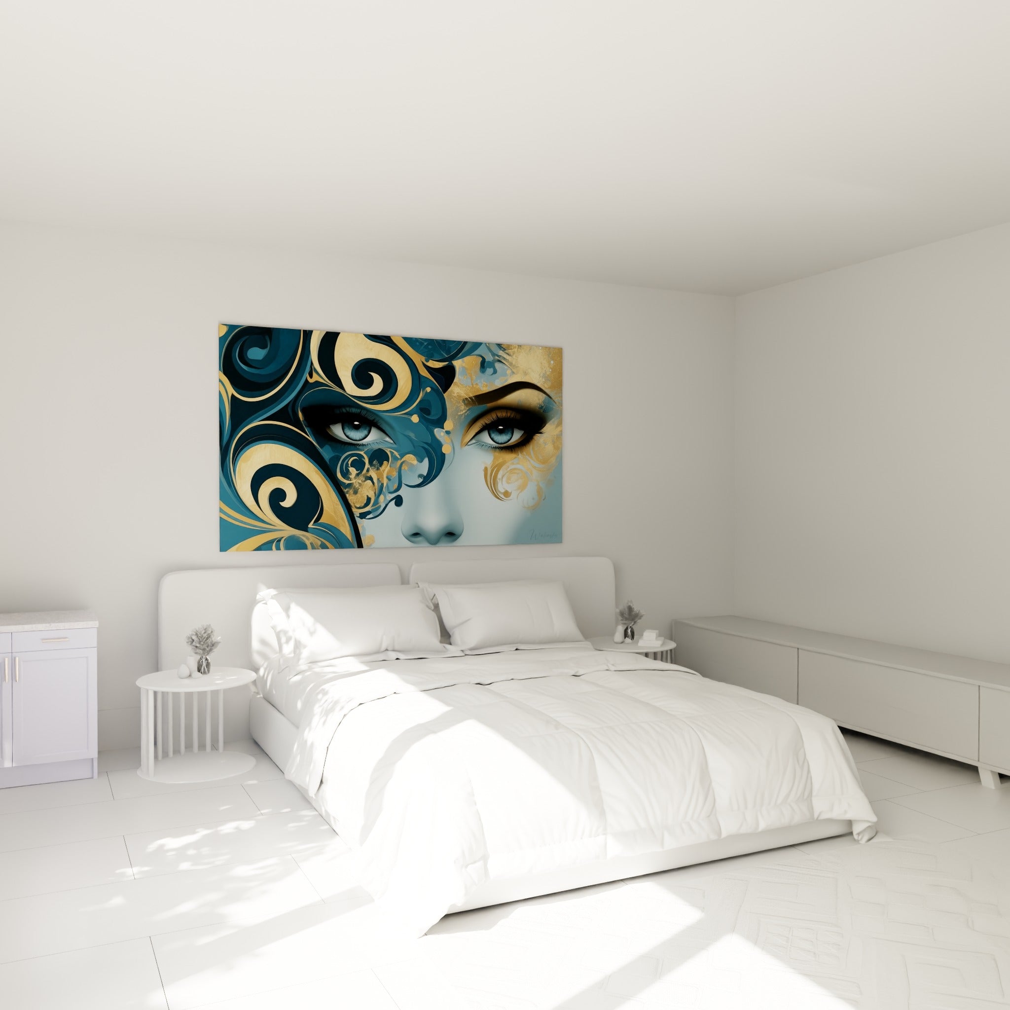 Regard hypnotique du visage abstrait bleu pétrole et doré, au-dessus d'un lit dans une chambre claire