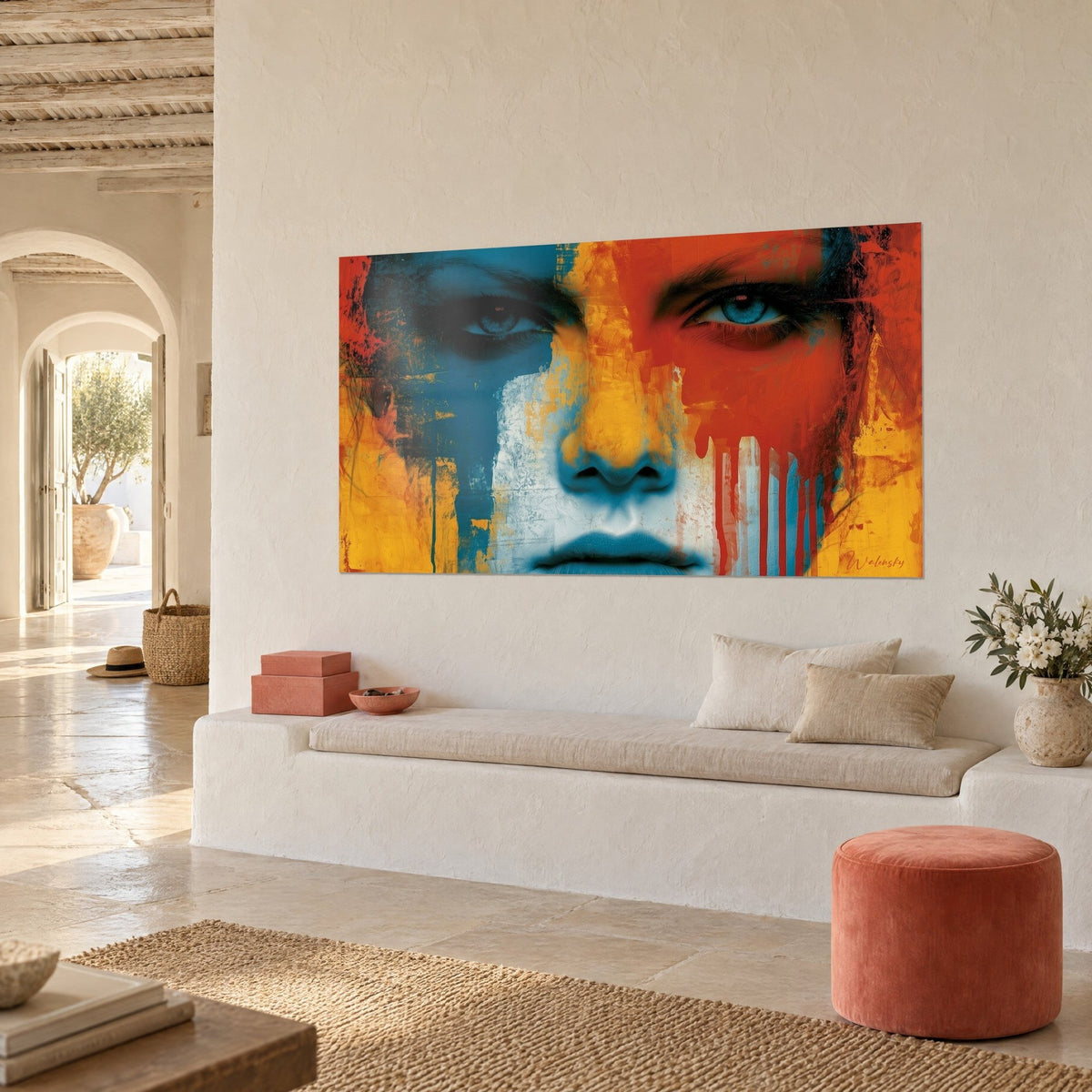 Schilderij abstract gezicht met blauwe ogen, half turquoise en half rood, saffraangele vlek op de neus, gekalkte muur, driekwartaanzicht